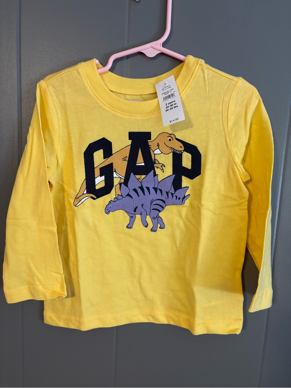 GAP Yellow Long-Sleeve Tee with Dinosaur Graphic